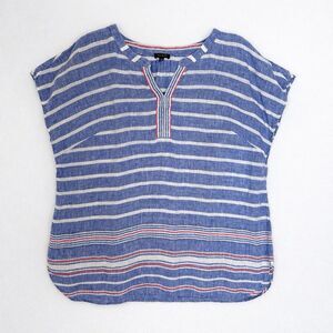 Talbots XL 100% Linen Popover Split Neck Top in Boardwalk Stripe in Blue White